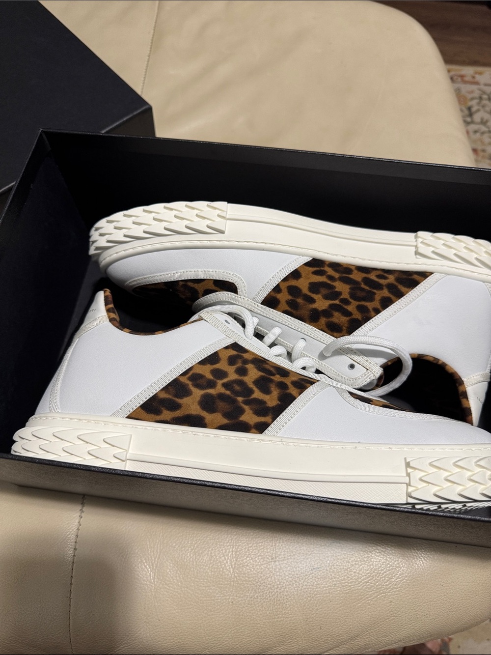 Giuseppe Zanotti White Leather Sneakers with Leopard Panels